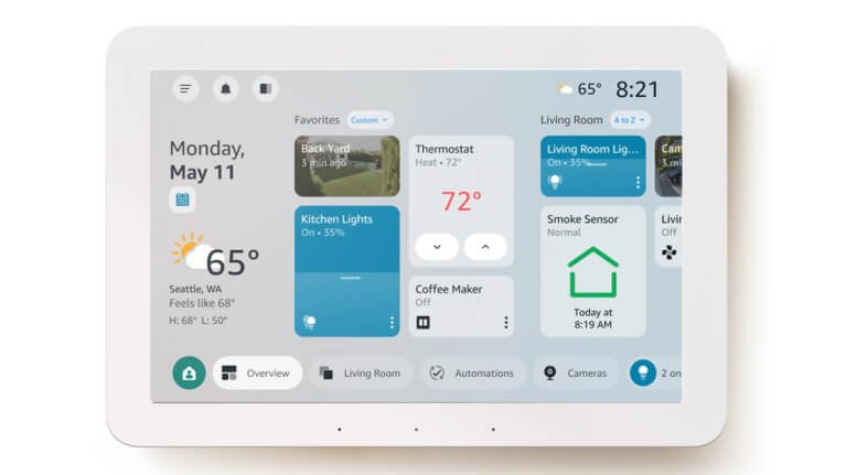 A full view of the white-framed Amazon Echo Hub smart home control panel displaying its detailed customizable interface with widget controls for entry lights, backyard camera, thermostat, coffee maker, and other connected devices.