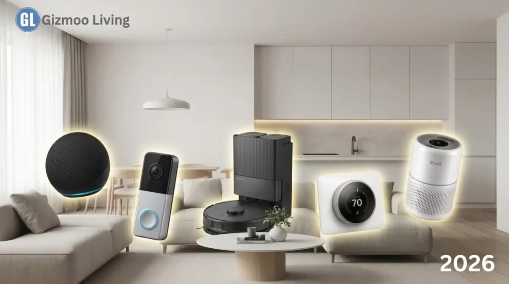Best smart home gadgets 2026, including Amazon Echo Dot, Ring Doorbell, Philips Hue bulbs, and a robotic vacuum.
