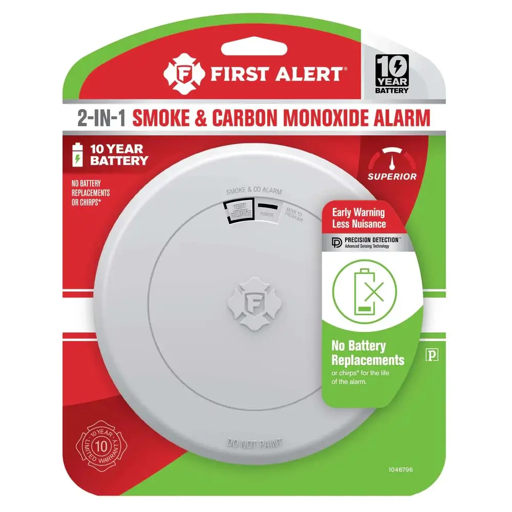 First Alert SMCO210 10-Year Sealed Battery Smoke and Carbon Monoxide Alarm in retail packaging, highlighted as 'SUPERIOR' with dual-sensor protection.
