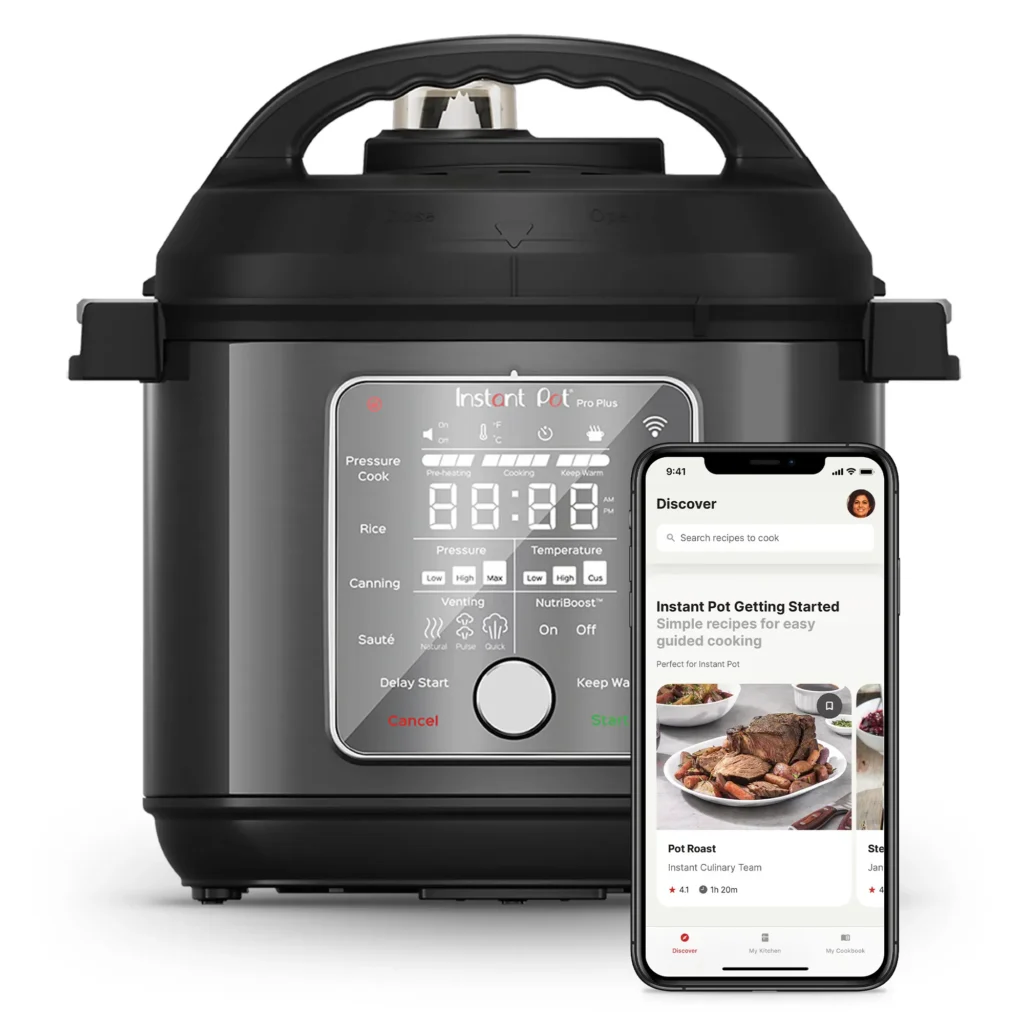 Instant Pot Pro Plus smart multi-cooker with smartphone app display showing recipes.