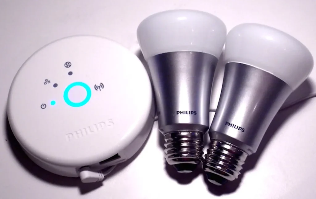 Philips Hue smart LED bulbs with bridge hub set.