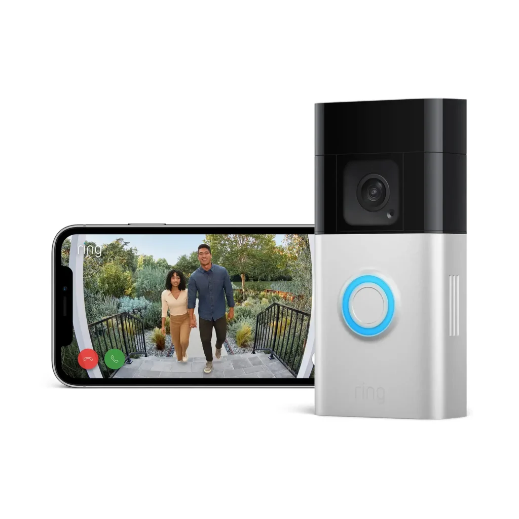 Ring Battery Doorbell Plus shown alongside a smartphone displaying its live head-to-toe video feed.