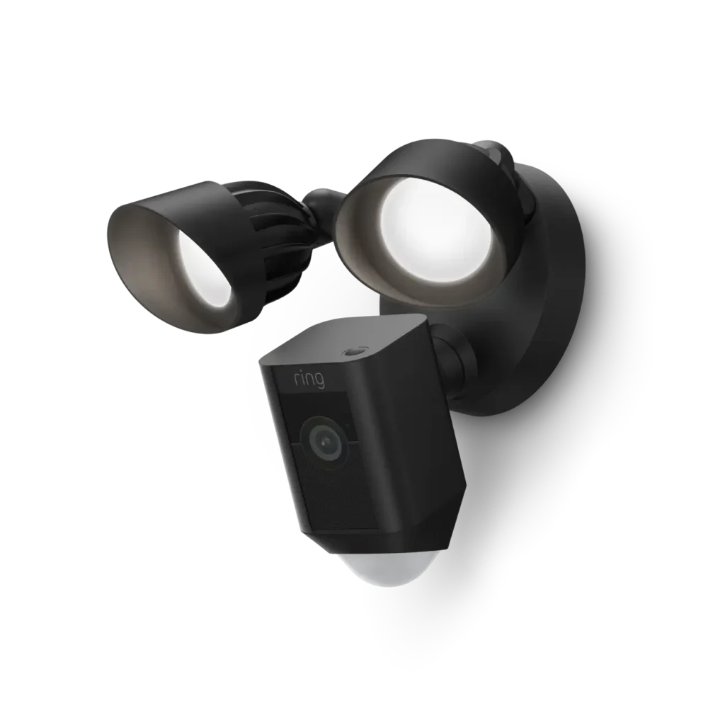 Black Ring Floodlight Cam Pro outdoor security camera with dual motion-activated LED floodlights.