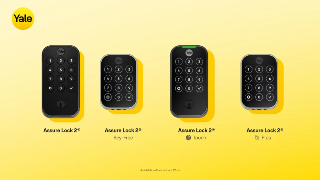 Comparison banner of Yale Assure Lock 2 series models including Keyed, Key-Free, Touch, and Plus.