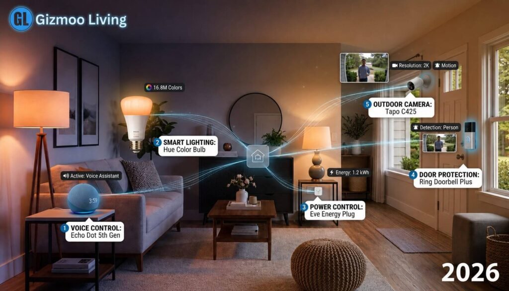 Smart home ecosystem infographic showing essential starter devices like Echo Dot, Philips Hue bulb, Eve plug, Ring doorbell, and Tapo camera for 2026